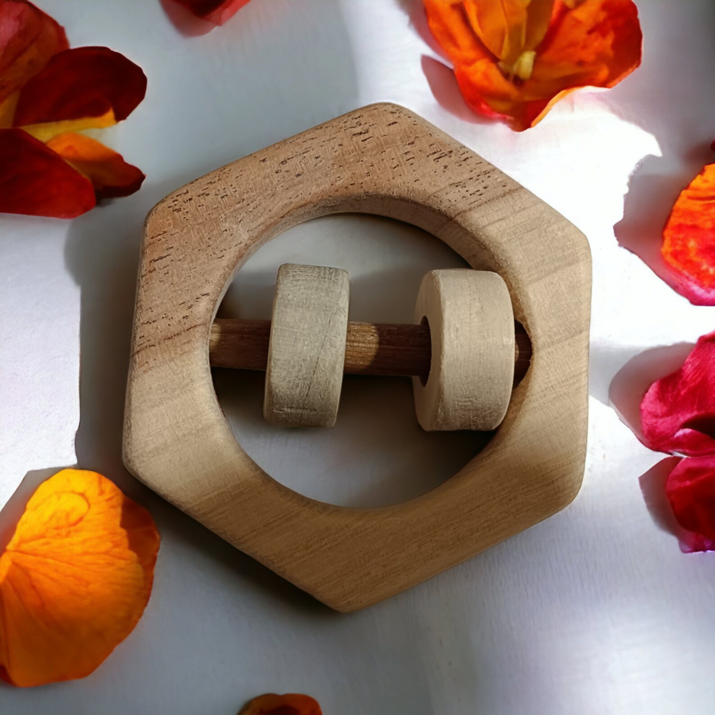 Neem Wood Hexagon Rattle & Ring